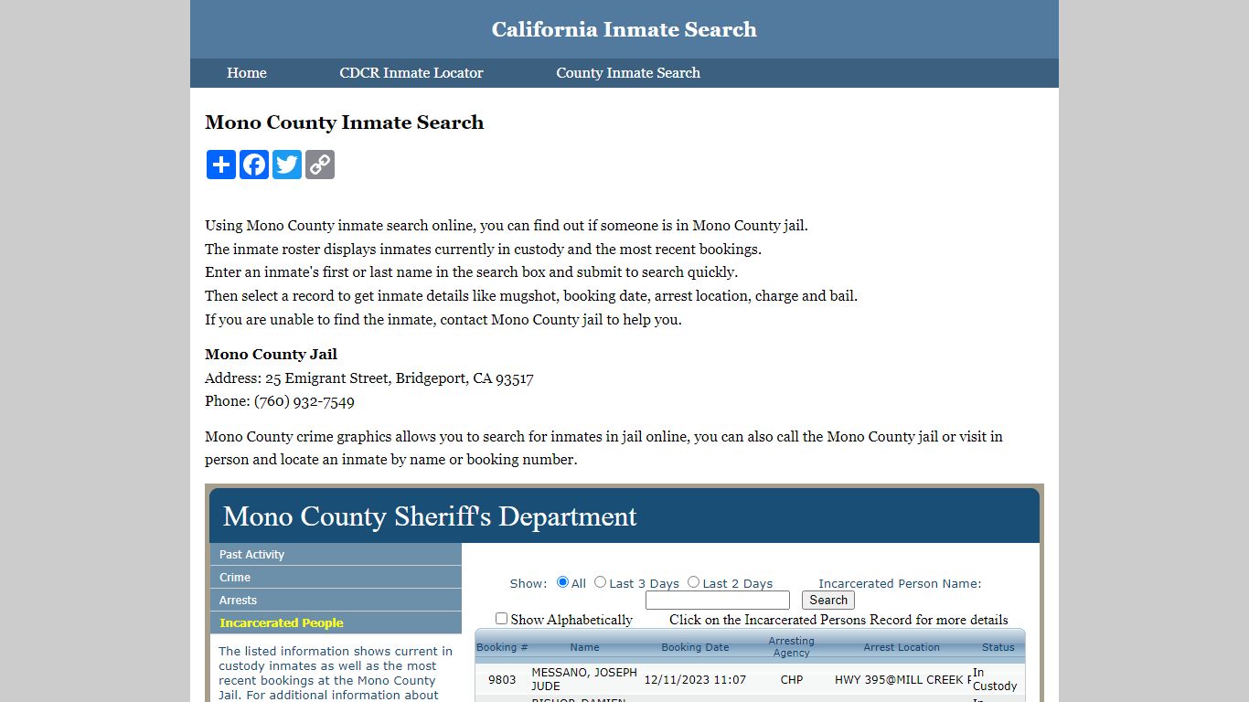 Mono County Inmate Search